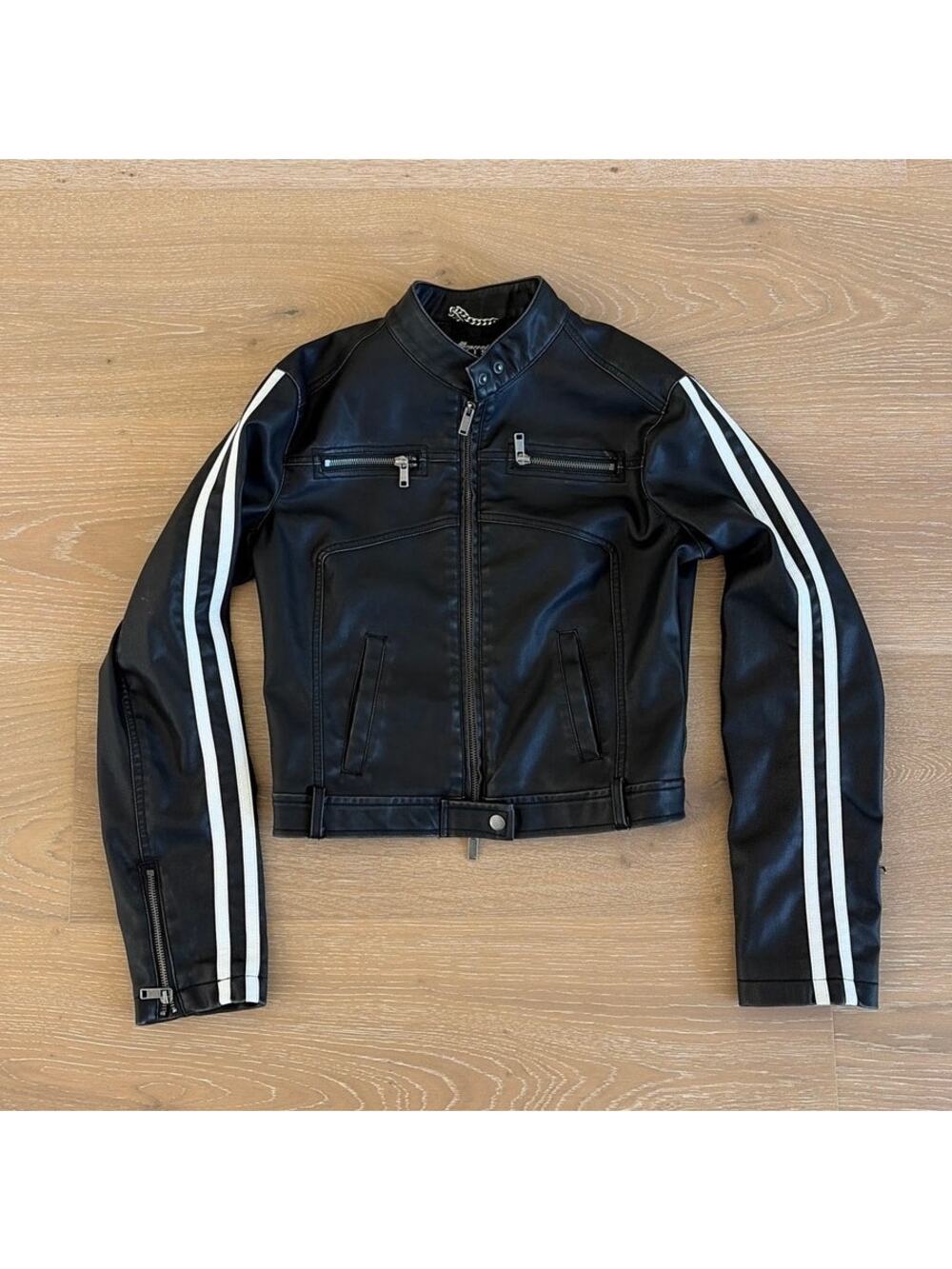 Generation Kiss Moto Jacket Faux Leather Striped Sleeves Galina Size M Black